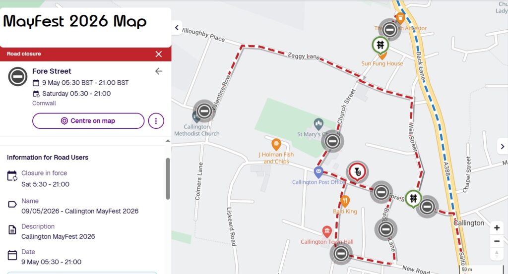 Map of the closed road's on Mayfest day (9th of May 2026)